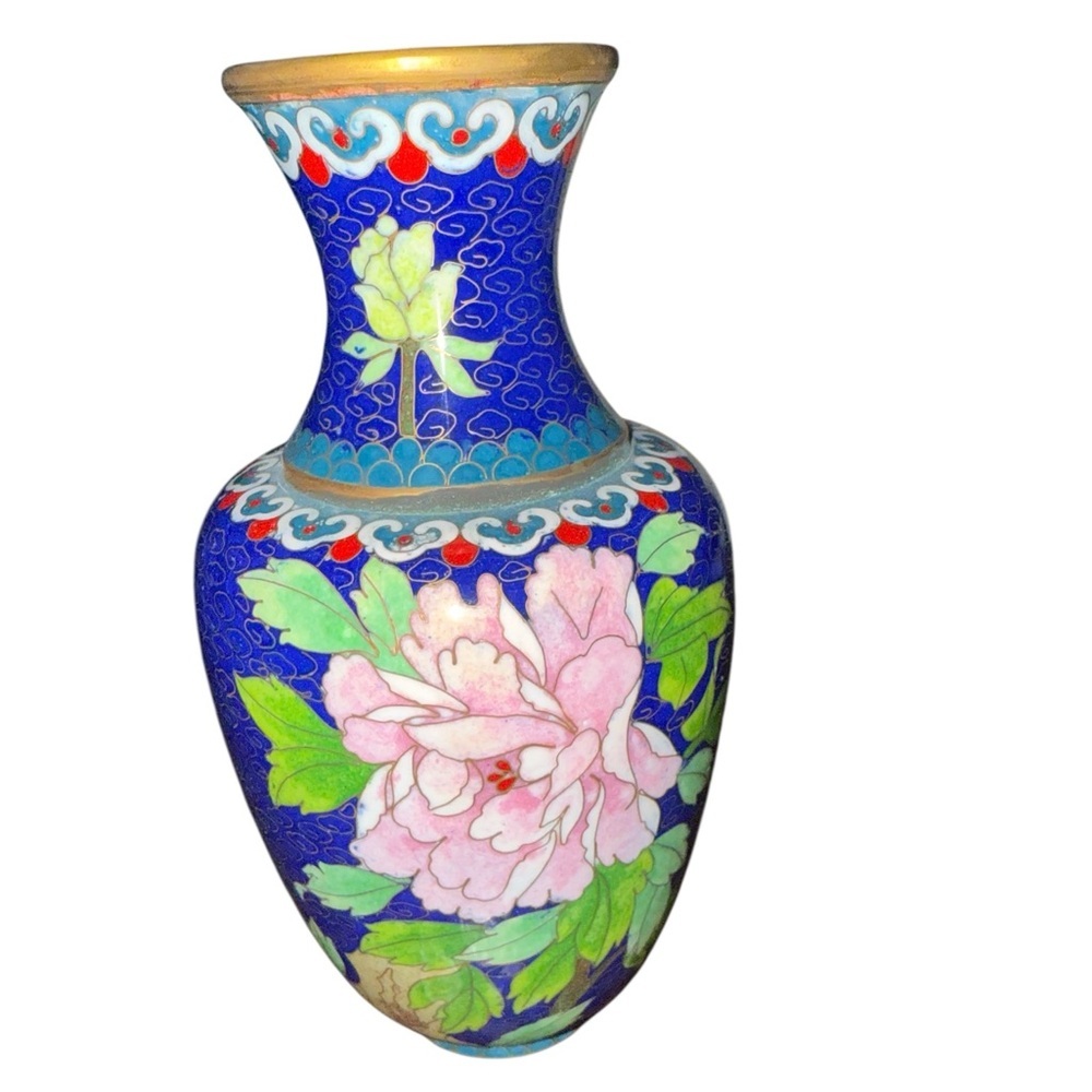Vintage Cloisonné Enamel Vase – Blue Floral Design